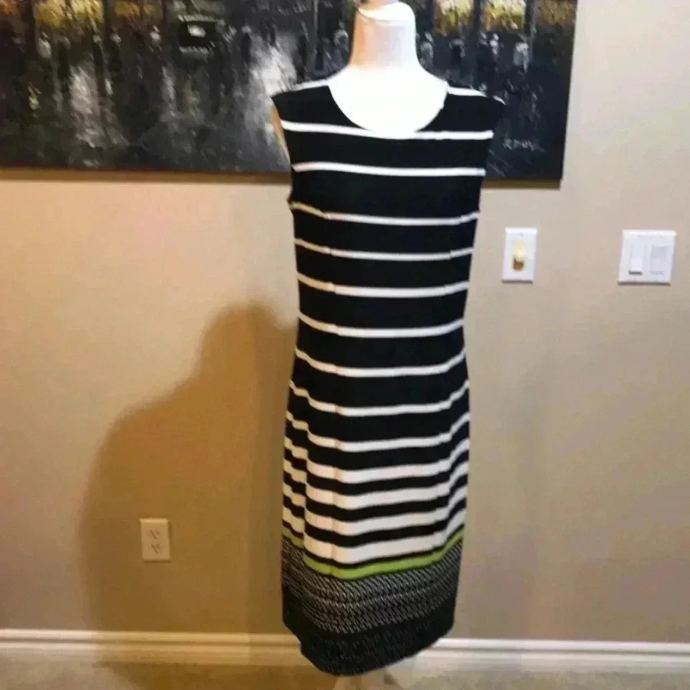 ILE New York Horizontal Striped Black/White/Green Sheath Dress Size 10